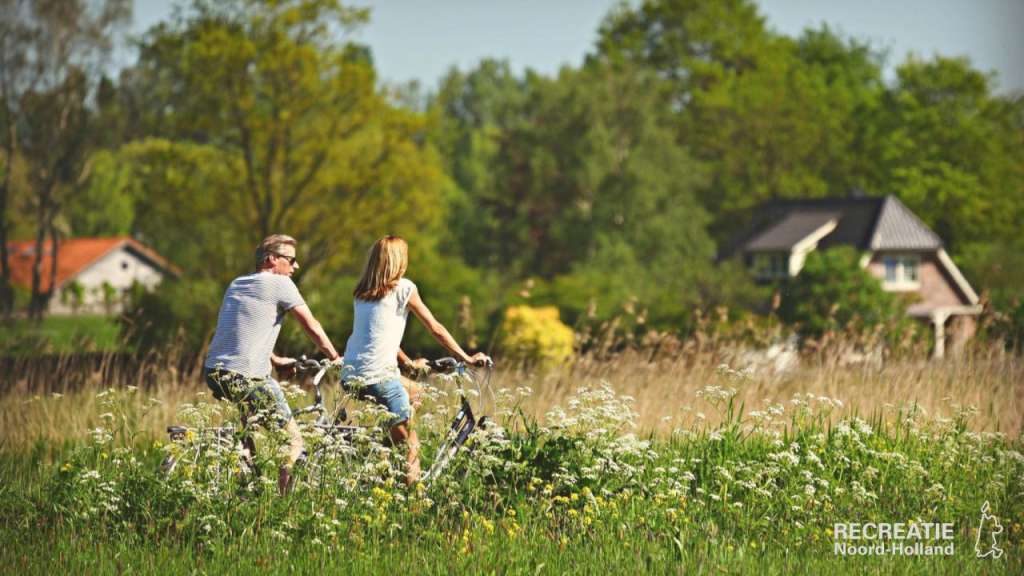 Fietsend stel langs bloemrijke velden Fietsend stel langs bloemrijke velden